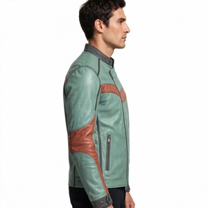 Amkoor Men's Custom Color PU Leather Motorcycle <b>Jacket</b> <b>Slim</b> <b>Fit</b> Stand Collar Color Block Zipper Closure Autumn Biker <b>Jacket</b> - Product Image 3