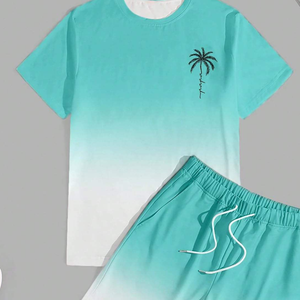 Ensemble T-shirt et short pour homme, couleur dégradée personnalisée, col montant, manches courtes, vêtements décontractés d'été, respirant, tricoté en polyester - Product Image 3