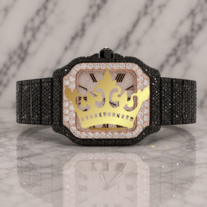 Men's Full Iced Out Black Moissanite Round Cut Diamond Quartz Watch in Light Pink Dial Luxury Hip Hop Custom with Date Display - Product Image 1