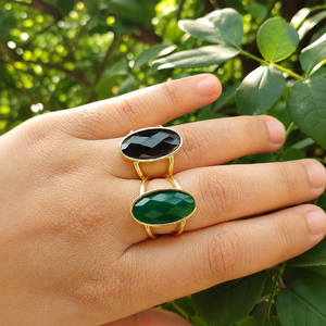18k Gold Plated Brass Wholesale jewelry Gemstone Green Black Onyx <b>Rings</b> Double open Band <b>Adjustable</b> <b>Ring</b> Gift For Birthday Party - Product Image 5