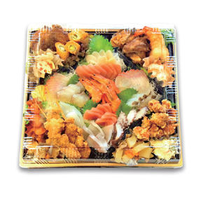 Bandeja Desechable Cuadrada de Plástico PP para Servir Alimentos, 350x350x51mm, Folin-Sinhirose HDB35 Negra, Tipo Blister, para Sushi, OEM - Product Image 1