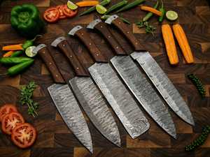Ensemble de couteaux de cuisine en acier Damas, 5 pièces, manche en bois, lame droite, couteaux artisanaux - Product Image 3