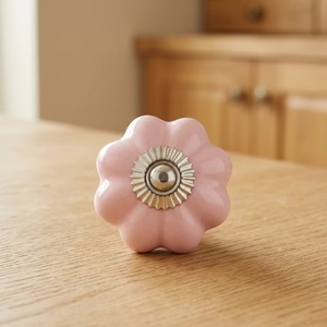 Pink Ceramic Flower Shape Cabinet Knob Traditional Design for Kitchen Drawer <b>Door</b> Handle - Product Image 1