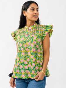 Blusa de Algodón Popelín con Estampado Floral Hecho a Mano, Manga Casquillo, Cuello en V, Volantes, Corta, Tejido para Oficina, para Mujer - Product Image 1