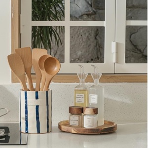Hand Painted Ceramic <b>Utensil</b> <b>Holder</b> Blue Stripe Design Smooth Glaze Durable Heat Resistant <b>Kitchen</b> Counter Storage Organizer - Product Image 3