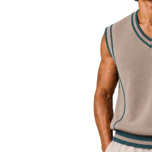 Gilet pull sans manches en tricot pour homme, col en V, couleur beige sable avec contraste bleu sarcelle, personnalisable avec logo, en laine et acrylique, vente en gros OEM - Product Image 3