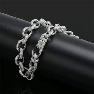 Collier chaîne Rolo ovale entièrement pavé de moissanite, chaîne cubaine bling-bling plaqué or, bijoux hip-hop - Product Image 3