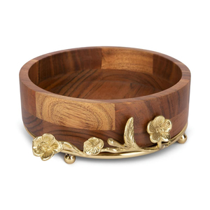 Tazón de madera redondo para servir con elegantes detalles florales de metal dorado y patas de bola, perfecto para decoración del hogar y para servir. - Product Image 3