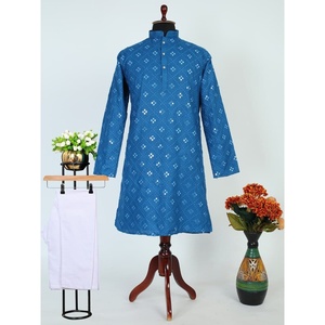 DESIGNER COTTON SEQUENCE WORK HOMME KURTA AVEC PAYJAMA BLEU - Product Image 1