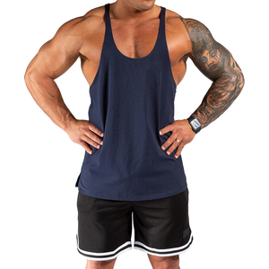 Nouveauté : Débardeur long en coton bleu marine pour homme, idéal pour la musculation et l'entraînement en salle de sport - Product Image 1