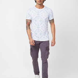 T-shirt en coton à manches courtes pour homme, imprimé géométrique blanc, col rond, coupe classique, jersey décontracté - Product Image 1