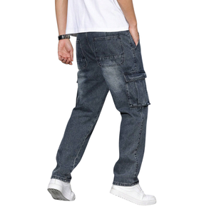 Pantalones Cargo de Mezclilla Gris Oscuro para Hombre, Corte Relajado, Pierna Recta, Múltiples Bolsillos, Estilo Casual, Lavado, Jeans Utilitarios para Uso Diario, Talla XL - Product Image 2