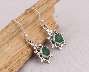 Natural Green Onyx <b>Earrings</b> 925 Sterling <b>Silver</b> - Vintage Victorian Style Emerald Green Gemstone <b>Dangles</b> - B2B Wholesale Jewelry - Product Image 4