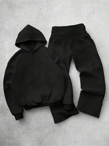 Unisex Black Hooded Tracksuit Full Sleeve Solid Color Casual Sweatshirt Elastic Waist Pants Breathable Midweight <b>Jogging</b> <b>Suit</b> - Product Image 1