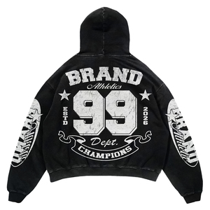 OEM/ODM Oversized Crop <b>Hoodie</b> Men's 100% Cotton French Terry Streetwear Pullover with Front Pocket and Back 99 Logo Print - Product Image 3