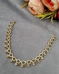 Artistic Curved Link Necklace Antique <b>Gold</b> Plated AD Jewelry <b>Set</b> With Pear Drop Motif & Dangle Earrings For Festivals Party Wear - Product Image 3