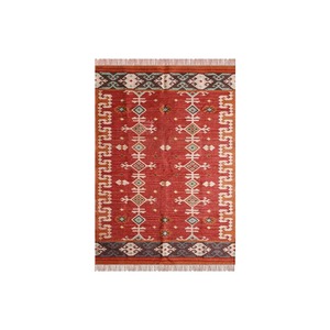 Handmade Kilim Area Rug Rectangle Geometric Pattern <b>Red</b> <b>Wool</b> Acrylic Flat Pile Living Room Decor - Product Image 1