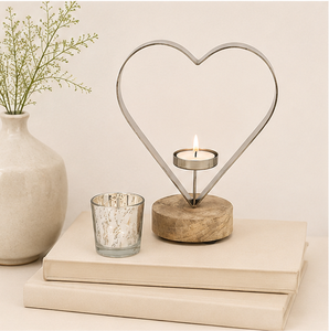 Modern Rustic Heart-Shaped Metal <b>Tea</b> Light Candle Holder With Solid Mango Wood Base Elegant Silver Heart Sculpture Tabletop - Product Image 4