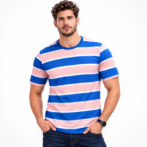 Best Quality <b>Men's</b> Casual <b>Short</b> <b>Sleeve</b> tee <b>shirts</b> O-Neck T-<b>Shirt</b> Yarn Dyed Blue Pink <b>White</b> Striped Knitted Tee <b>shirts</b> - Product Image 4