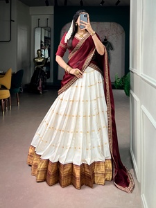 <b>Women</b> White And Maroon Silk <b>Lehenga</b> Choli With Gold Border For Traditional Indian Pakistani Wedding Wear - Product Image 1