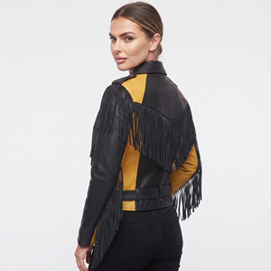 Female Zipper Leather Fringed <b>Jackets</b> Women Genuine Leather Fringe Motorcycle Women Fashion Leather Fringe <b>Jacket</b> with Studded - Product Image 2