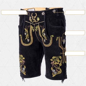 Shorts traditionnels ethniques en daim noir pour homme avec broderie florale dorée - Product Image 3