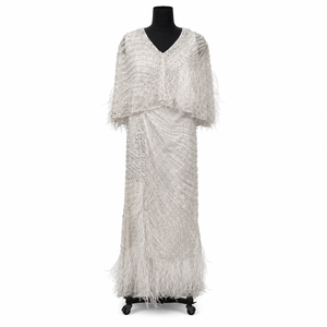 Luxury White Feather <b>Sequin</b> Embellished Evening Dress for Women Elegant V Neck Beaded Draped Maxi Gown for Wedding Party Formal - Product Image 1