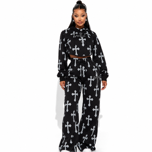 Ensemble de survêtement unisexe noir à imprimé animal, anti-boulochage, avec sweat à capuche court et pantalon de jogging, manches longues, coupe ajustée, style streetwear, hiver - Product Image 1