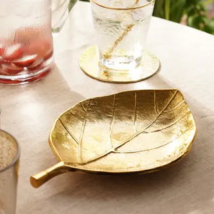 Gold Metal Long Leaf Decorative Platter - <b>Large</b> design Dining Table Decorative Platter - Product Image 3