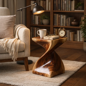 Minimalist Organic Solid Suar Wood <b>Square</b> Top <b>Side</b> <b>Table</b> Sculptural Swirl Accent <b>Table</b> Durable Natural Grain Furniture - Product Image 5