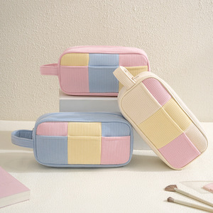 Grande trousse de maquillage en velours côtelé, organiseur de cosmétiques portable avec poignée - Product Image 4