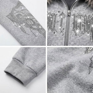 Sweat-shirt à capuche zippé pour femme avec bordure en fausse fourrure, imprimé pailleté, sequins, tricoté pour l'hiver, coupe classique, manches longues - Product Image 6