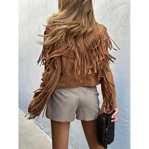 Premium Tan Women <b>Suede</b> Fringe <b>Leather</b> <b>Jacket</b> Front Lace Tie Closure Cognac Vintage Western Style Customization Available - Product Image 4