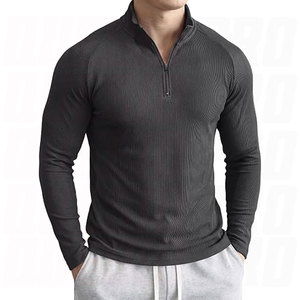 T-shirts de sport pour hommes à col zippé, coupe musclée, côtelés, à manches longues, ajustés, respirants et anti-humidité - Product Image 1