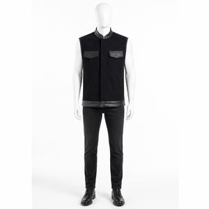 Gilet de motard en jean noir robuste pour homme avec garnitures en cuir, veste sans manches en denim, streetwear, gilet personnalisé pour club - Product Image 1