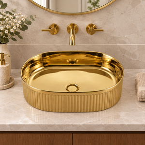Lavabo Ovalado de Lujo de Latón Acanalado, Lavabo de Sobremesa Dorado con Diseño Acanalado, Lavabo Moderno para Baño, Proyecto Hotelero, Venta al por Mayor - Product Image 3