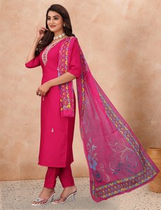 Conjunto de 3 Piezas de Kurta y Pantalón para Mujer, Mezcla de Algodón, con Dupatta de Organza |   Ropa Étnica India Completamente Cosida y Lista para Usar - Product Image 2