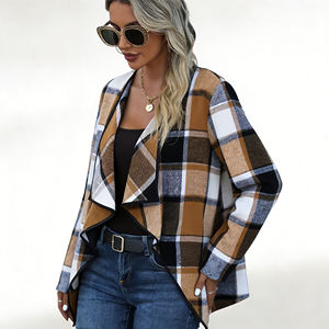 Oferta especial en Temu: Cárdigan con cuello en cascada y estampado a cuadros para mujer, abrigo ligero informal con frente abierto para el atuendo diario de otoño. - Product Image 4