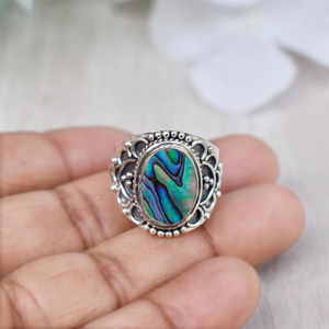 Natural <b>Abalone</b> <b>Shell</b> 925 Sterling Silver Ring Handmade Iridescent Gemstone Jewelry Vintage Style Statement Ring for Women - Product Image 5