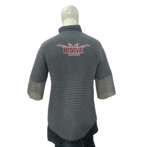 เสื้อเกราะเหล็กกล้าอ่อนยุคกลางแบบโซ่  ตอกหมุดแบน  วงแหวนขนาด 9 มม.  ตกแต่งด้วยหนัง  ทำด้วยมือ  เกราะฮอบเบิร์กอัศวิน  แฟชั่นชุบสีดำ - Product Image 2