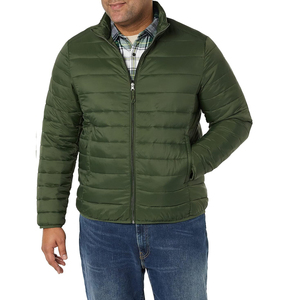 Mens Lightweight Insulated <b>Packable</b> Puffer <b>Jacket</b> with Full Zip Front and Stand Collar in Olive Green for Cold Weather Comfort - Product Image 2