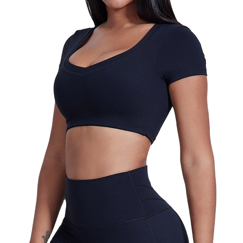Solid Color Nylon Fitted Sports Crop Top Short-Sleeved T-Shirt Women Yoga Gym Vest Quick-Drying Breathable Chest Pad Bra Wear