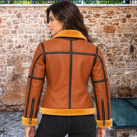 Blouson aviateur en cuir véritable et laine de mouton marron pour homme, coupe-vent, zippé, streetwear d'hiver, avec logo frontal