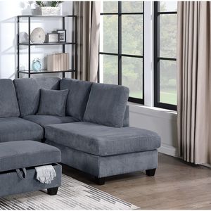 Set Divano Sezionale Contemporaneo in Velluto a Coste Grigio Scuro 3 Pezzi con Chaise Longue e Pouf per Soggiorno - Product Image 5