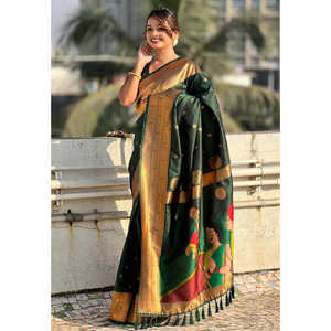 Bottle Green Zari Woven Silk Saree Gudi Padwa Special Paithani <b>Traditional</b> <b>Scarves</b> & <b>Shawls</b> - Product Image 1