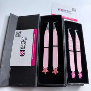 High Quality Custom Lilly Flower/ Teady <b>Bear</b> Cutout <b>Pink</b> Color 90 Boot Stainless Steel Eyelash Tweezers Smooth Silver Tip - Product Image 3