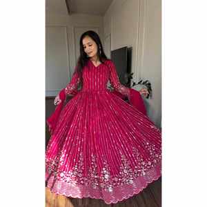 VESTIDO DE TRABAJO BORDADO SECUENCIA GEORGETTE CON DUPATTA ROSA - Product Image 1