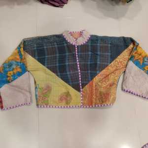 Patchwork Quilted Kantha Jacket Women's Reversible Cotton Blend Winter Style Handmade Design Breathable Horn Button Closure - Product Image 4