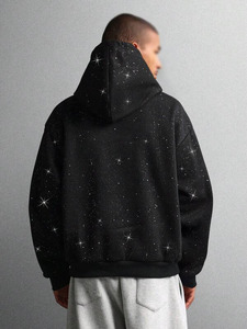 Sudadera con capucha para hombre con pedrería negra, hombros caídos, de algodón polar, estilo urbano, peso pesado, fabricante de marca privada - Product Image 2