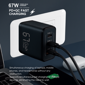 อะแดปเตอร์ชาร์จเร็วขนาดกะทัดรัด 67W PD สำหรับโทรศัพท์มือถือ ช่องเสียบ Type-C 2 ช่อง และ USB 1 ช่อง - Product Image 5